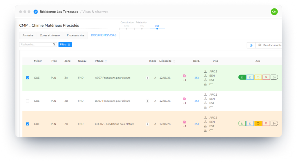 Tableau de bord des documents, visas et observations — phase réalisation